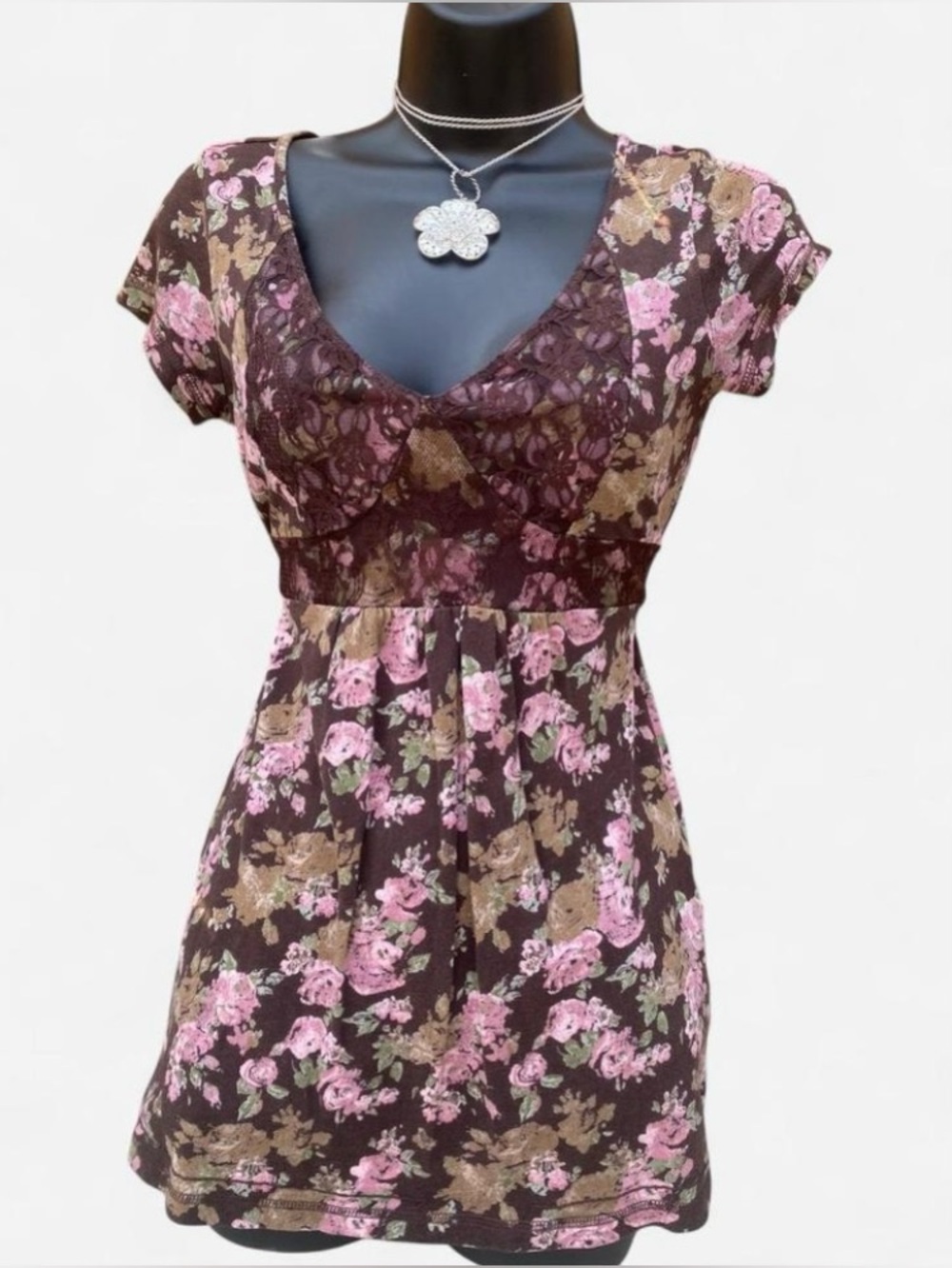 Y2k Brown & Pink Floral Print Tie Back Babydoll Top with Lace Detailing
